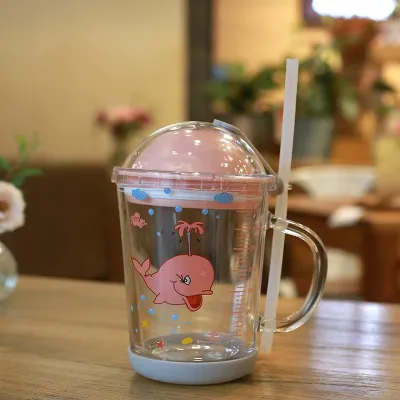 Children Breakfast Creative Glass Cup Printed Milk Handle Straw Influencer Heat-Resistant Scale Water