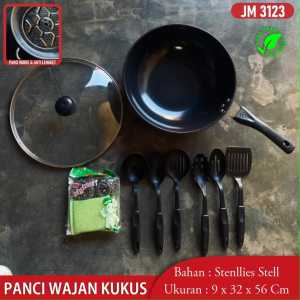 Wajan Wokpan Penggorengan Kukus Set Enamel Tutup Kaca Anti Lengket Saringan Panci Gagang Cookware