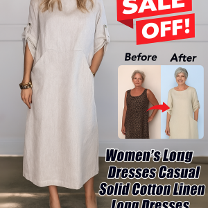Cotton Linen Solid Color Round Neck Long Pocket Maxi Dress for Spring Summer Mature Women  Soft  Loose Casual  Breathable