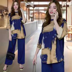 MAYAMEEN SETELAN WANITA LD 120 CELANA LURUS DAN ATASAN OVAL BELAHAN KIRI DAN KANAN OVERSIZE WANITA celana lurus karet kantor kaos santai Motif