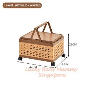 Minimalist Movable Folding Storage Box with Wheels Rattan Handle Rolling Cart Woven Pattern Basket