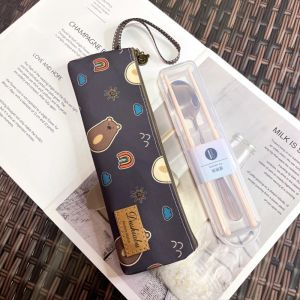 NOBLELYN Zipper Closure Cutlery Storage Bag Portable Oxford Tableware Pouch Cute Cloth Art Pencil Case Outdoor Travel