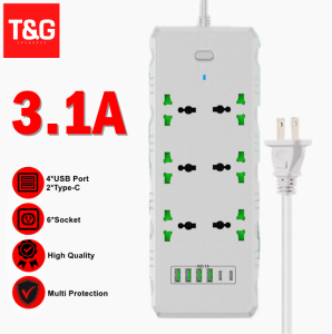 TB-T27 Universal Power Extension 4 USB Port 2 PD Type-C Port 6 Power Strips Plug with Safety Switch Protection 3.1A Max