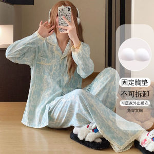 Quần Áo Ngủ Áo cardigan dài tay cotton đám mây cỡ lỡn có đệm cho Nữ Xuân thu cho bé gái phong cách Ins ren ngọt ngào đồ ngủ dễ thương Bộ suit nhà rộng