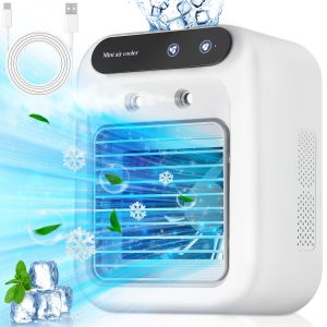 (3 years warranty) Mini Air Cooler USB Charging 1800mAh Small Air Conditioner Fan 2 Spout Humidifier Desktop Water Cooling Fan Home Dormitory Office Camping Mobile Fan