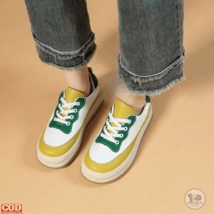 Sneakers Wanita Colorblock Korea Casual Tebal – Sepatu Sporty PU Leather Sol 4cm Size 36-40