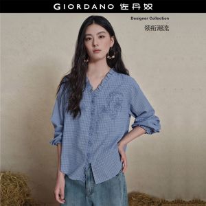 GIORDANO Women Shirts Embroidery Ruffle V-Neck Shirts Long Sleeve Fashionable Casual Loose Check Shirts 18346322
