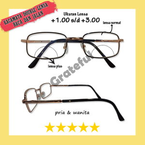 Kacamata Baca Plus 2 Fungsi Jalan Dan Baca Lensa Dobel Fungsi (Normal Plus) Pria Wanita Frame Besi Kotak Gold Coklat Ukuran +1.00 s/d +3.00 Gaya Vintage Retro Korea Style TERBARU