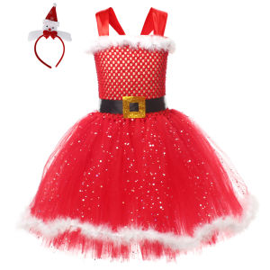 lilysshop Kid Girl Santa Christmas Costume Sleeveless Tulle Patchwork A-Line Dress + Long Stocking + Headband/Hat Cosplay Clothes