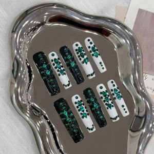 100% HANDMADE Artificial Nail 5cm Extra Long European-Style Fake Nails Set Ins Style White And Dark Green With Emerald Press On Nails Art Reusable And Removable