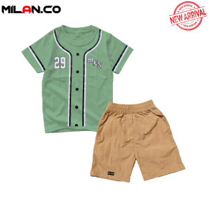 Milan.co Setelan Baju Kaos Anak Laki-laki Celana Pendek Tebaru Usia 3-14Thn Motif Baseball Sage