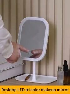 Makeup Mirror Touch Screen Desktop Standing with Light Portable Folding Vanity Mirroir Adjustable Dimming Cosmetics Mirror 3 Color Lights Dimmable HD Mirror