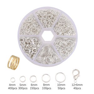 1040 cái Nhẫn đơn sắt nhiều màu 6 Lưới + kẹp tôm hùm + nhẫn cho móc khóa Vòng Cổ Vòng tay tự làm làm đồ trang sức