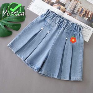 YESSICA กางเกงขาสั้นฤดูร้อนของเด็กผู้หญิงเสื้อผ้าเด็กขนาดกลางและใหญ่บางกางเกงยีนส์หลวมลำลองอเนกประสงค์กางเกงกระโปรงจีบมีสไตล์