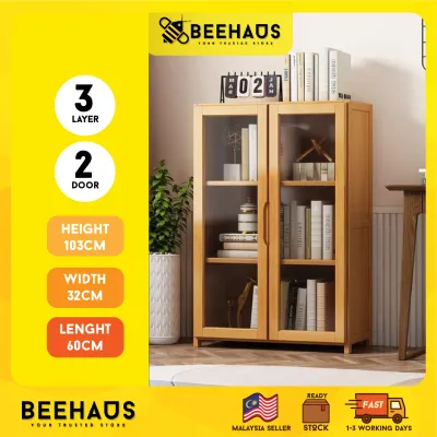 BEEHAUS Bamboo Multipurpose Storage Cabinet With Transparent Acrylic Door | Wooden Cabinet Bookshelf Book Rack Display Rack | Kabinet Serbaguna