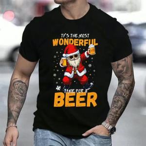 Mens Festive Santa Claus & Beer Time Graphic T-Shirt - Casual Black Round Neck Short Sleeve Tee with 3D Print Perfect for Christmas Parties & Summer Wear Christmas Shirts