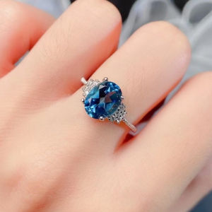 London Blue Topaz Ring for Office Woman 2ct 7*9mm Natural Topaz Silver Ring 925 Silver Topaz Jewelry with 3 Layers Gold Plating