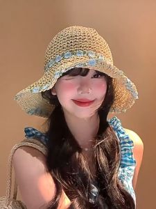 Flower Sun Straw Hat Foldable Sun Protection Hat Summer Beach Woven Straw Hat Outdoor Beach Travel Cap