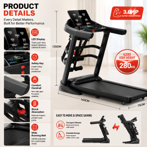 Treadmill 3.0HP LED Electric Multifunctional 1-18KM/H Walking Pad Foldable Fitness Equipment