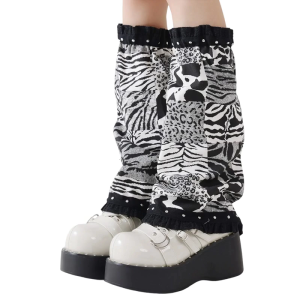 Punk Ruffled Trim Leg Warmers Subcultures Leopard Print Patchwork Denims Leg Cover Baggy Loose Flared Socks for Women
