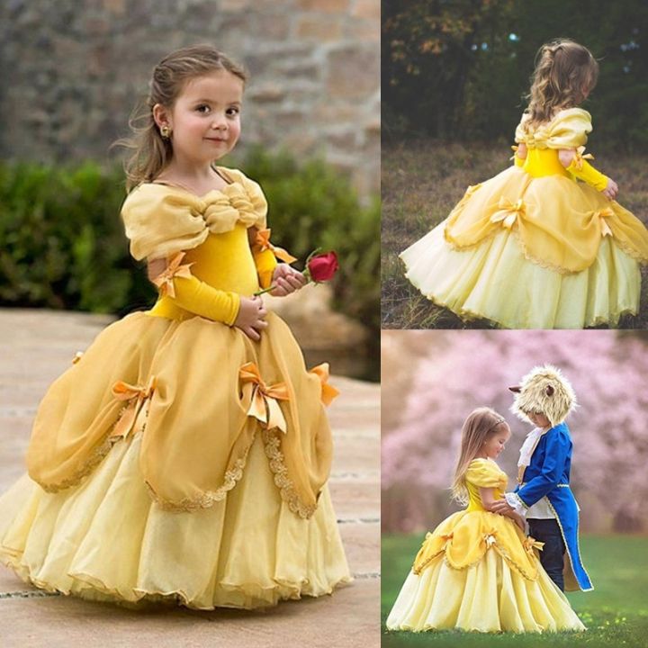 N&AI Ai Meng Baby Girls Clothes 4-10 Years Belle Dress Princess Cosplay  Costume Birthday Party Clothes Children Halloween Yellow Off Shoulder Long  Gown | Lazada PH