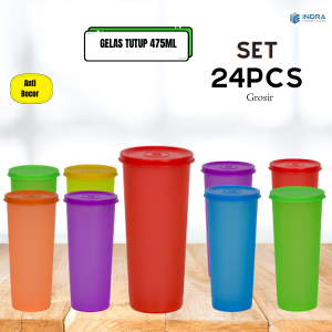 INDRA Paket Gelas Plastik Tutup 475ml /SET isi 24pcs/Tumbler