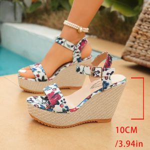 [Free Shipping] Wind-Style Oversized Printed Sandals New Summer Collection Thick-Soled Wedge Heels Open-Toe Design Waterproof Platform Fashionable Single-Strap Sandals