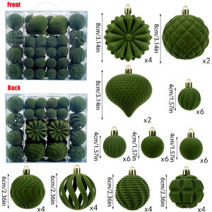 48pcs Flocking Christmas Ball Set - 3different sizes 4/6/8cm Plastic Decor in Army Green Wine Red