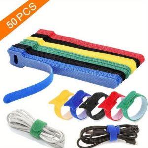 50-Piece Reusable Nylon Hook And Loop Straps - Durable Soft Self-Adhesive Tape Organizer For Everyday Office Use