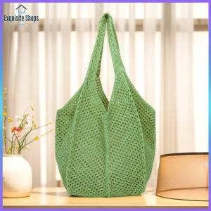 Women Crochet Tote Bag Fashion Knitted Bag Large Capacity Hollow Out Tote Bag Solid Color Simple Shopping Bag for Summer Beach