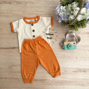 Nova Ezy Button Combi Natural Color - Setelan Baju Pendek Celana Panjang 0-2 Tahun