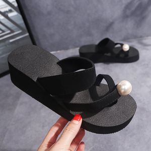 Free Shipping Korean-Style WomenS New High-Heeled Slippers Thick-Soled Platform Sandals With Pearl Toe Caps Fashionable Outdoor Flip-Flops