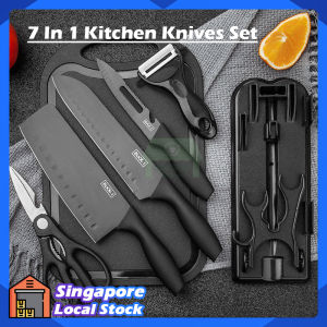 7 in 1 Kitchen Knives Set Black Stainless Steel with Chopping Board Knife Holder Chef Knife Peel Slicing Multipurpose Scissor Fruit Meat Cutting Knives Set