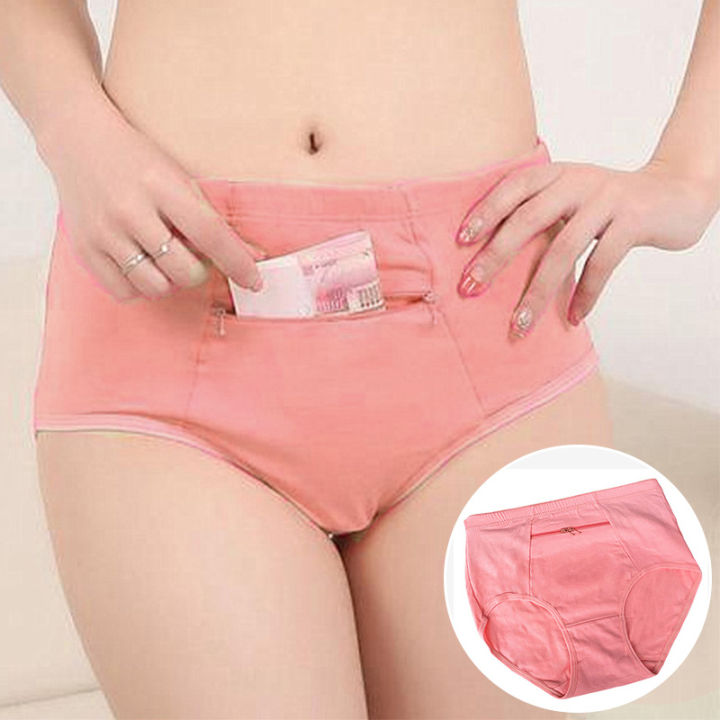 anb Women Briefs Panties Cotton High Waist With Zipper Large Size With Pocket  Female Underwear Ladies Breathable
