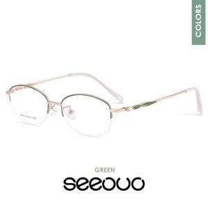 Seeouo Kacamata Stylish Wanita Fashion Glasses Oval Half Rim Full Metal Frame Plano Lens Bisa Minus Bluecromic 34579