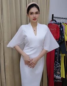 LooWear Gaun Formal Bodycon Vintage Elegan dengan Pita Resmi - Warna Cerah