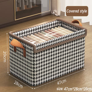 Collapsible room storage box with lid clothes wardrobe personal clutter basket home convenience Checkered pattern box