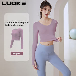 Luoke women sports wear External wear with fixed chest pad exposed navel cross cut-out back running fitness breathable tight long-sleeved yoga suit