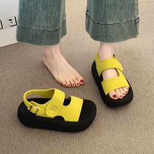[Free Shipping] WomenS Thick-Soled Sandals With Velcro Closure 2025 Summer New Collection Featuring A High-End Fabric Upper Hollow Design And Breathable Casual Beach Style