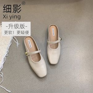 Wind half slippers 2024 retro small square head flat bottom slippers fashionable outdoor gentle shoes