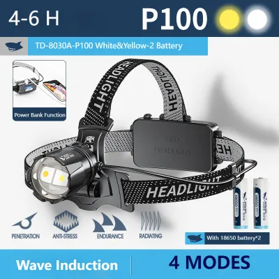 【9000LM】SmilingShark ไฟหน้า Led TD8030สว่างมากไฟหน้า M77เซ็นเซอร์แสงขาวเหลือง Type-C แบบชาร์จไฟได้ซูมได้4โหมดกันน้ำสำหรับตกปลากลางแจ้งตั้งแคมป์