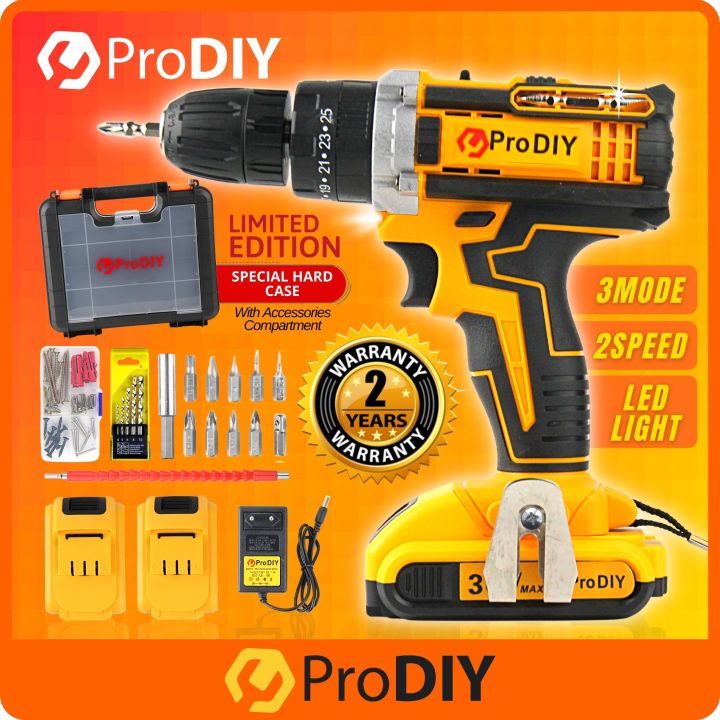 PRODIY Cordless Driver Screwdriver Impact Hammer Drill 3 Mode 2 Speed 2 Battery 12v 24v 36v