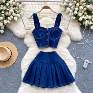 American Chic Denim Skirt Sets Women Spaghetti Strap Backless Female Tank Tops + A-line High Waist Pleated Mini Skirts Dropship H260729