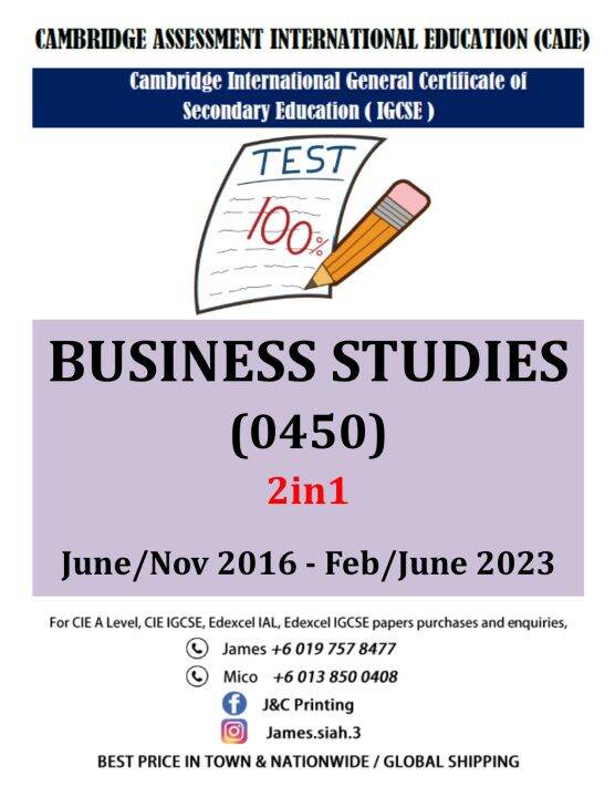 Cambridge Igcse BUSINESS STUDIES 0450(PAPER 1 & 2) PAST YEAR PAPER 2016 ...