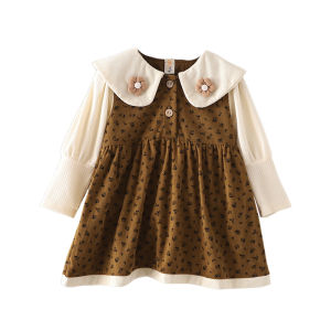 6 Bulan - 4 Tahun Gaun Anak Perempuan Korea Import Style dengan Kerah Daun yang Lembut Aksen Bunga yang Romantis Bahan Corduroy yang Kenyal dan Desain yang Elegan serta Modis USIA 6 BULAN - 4 TAHUN