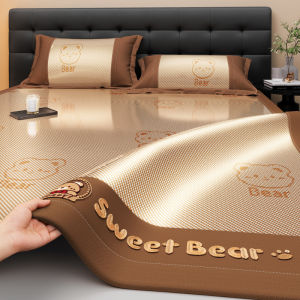 【Super low price】Ice Rattan Cool Feeling Summer Mat for Bed Cute Bear Embroidered Foldable Sleeping Mat Breathable Single Double Mattress Cover
