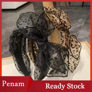 [PAM] Vintage Leopard Print Hairband For Women Girls Fashion Handmade Wide-rimmed Bow Hair Hoop Mesh Hair Bow Headband Hair Accessory