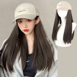 TENDPL วิกผมหมวกเบสบอล สไตล์เกาหลีแบบ ชิ้นผมธรรมชาติ วิกผมยาวตรง ไฟเบอร์ทนความร้อน สาวๆ ที่ไฟฟ้า 10 กม. กระบวนการสังเคราะห์: สำหรับสังเคราะห์สังเคราะห์สังเคราะห์เพื่อความชุ่มชื่น