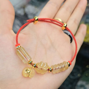 Vòng Thạch Anh Tóc Vàng Bạch Kim lu thống ngũ điếu cỏ 4 lá túi tiền treo móc vàng 10k cho mệnh Thổ và Kim - Phong Thủy TUDO