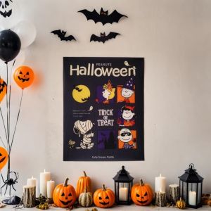 ฉากหลังการ์ตูนสโนว์วี่ย้อนยุคฮาโลวีน ตกแต่งห้องนอน ห้องพักนักศึกษา ตกแต่งห้อง ผ้าแขวนข้างเตียง ผ้าแขวนผนัง